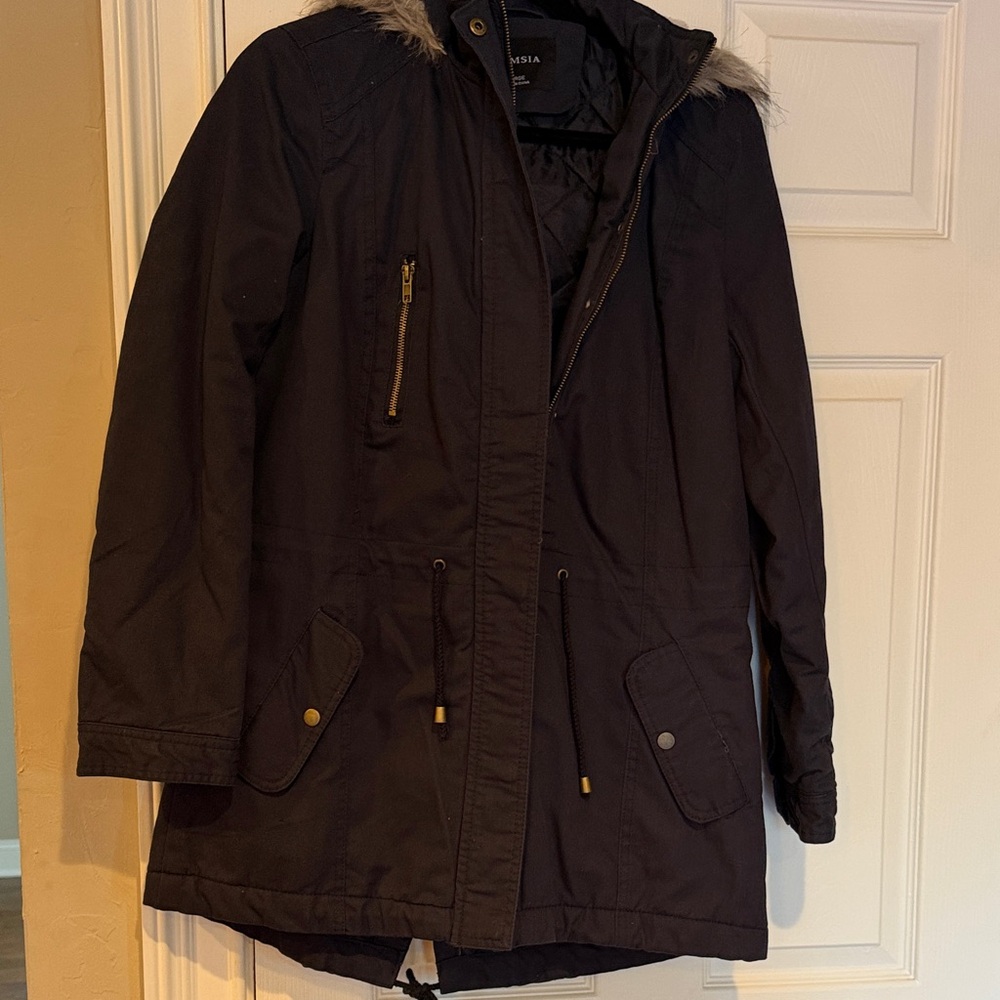 Glamsia Navy Puffer Jacket with Faux Fur Trim - Picture 3 of 3